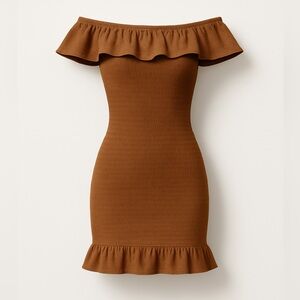 Anthropologie Off-The-Shoulder Smocked Mini Dress Chocolate, Ruffle Hem (Size M)